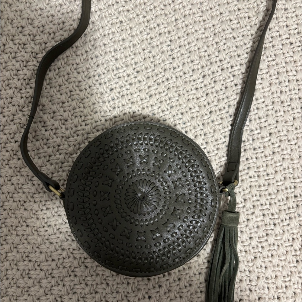 Anthropologie Olive Green Circular Crossbody with Tassel